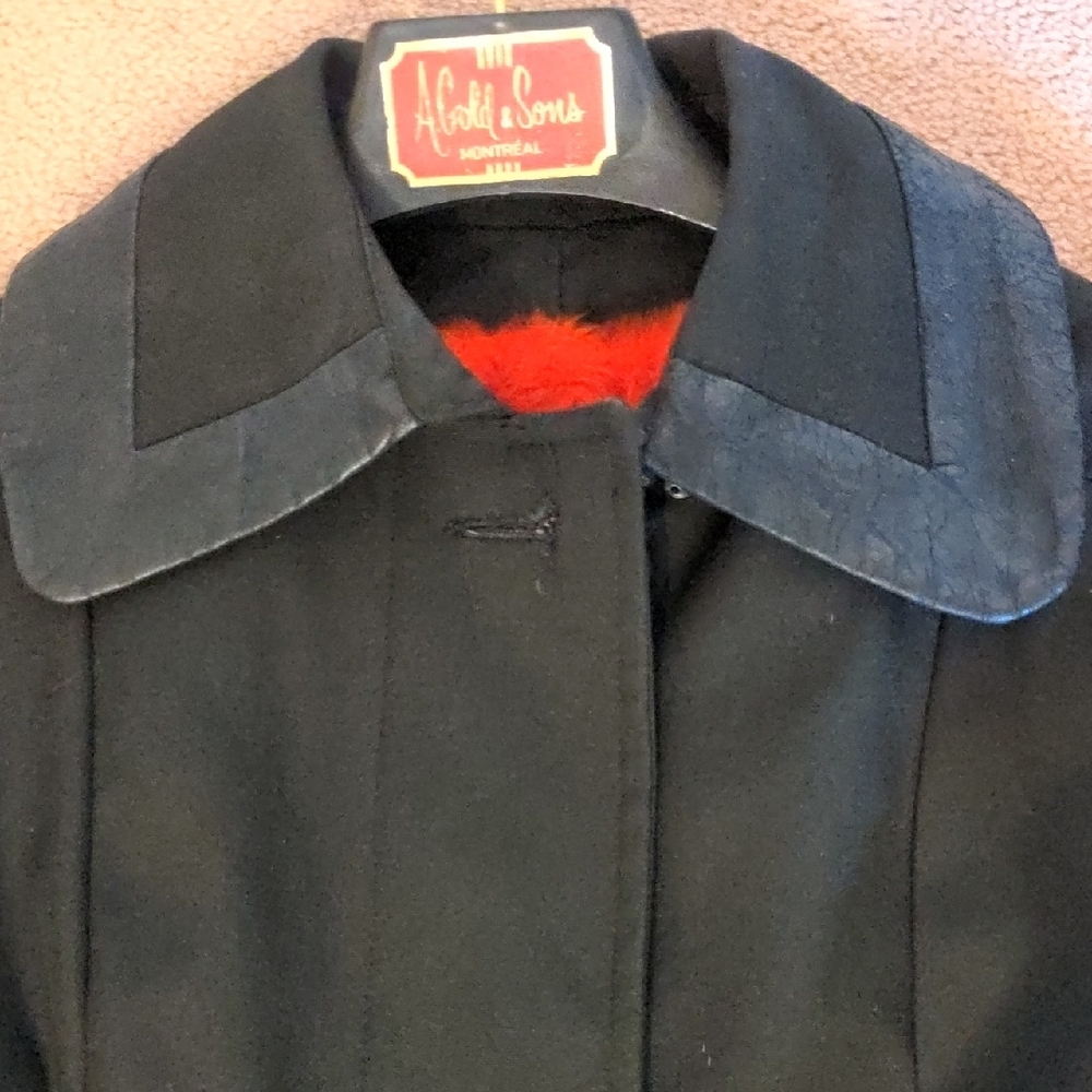 12. Joshar Montreal Vintage Black Trench Coat Faux Leather Red Lined Belted - Picture 7 of 13